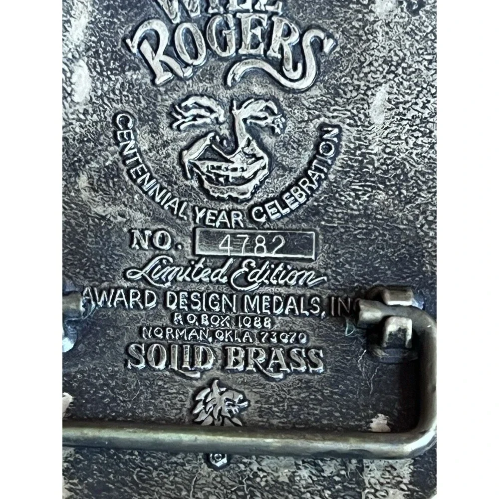 Vintage 1979 Will Rogers Centennial solid brass belt buckle